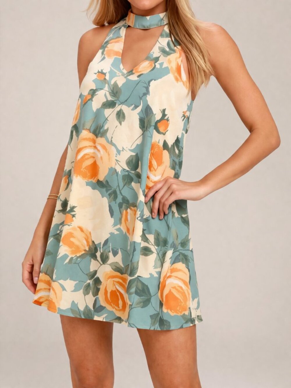 Lulus Floral Blue Peach Cream Halter Notch Neck Summer Party Mini Dress Size S